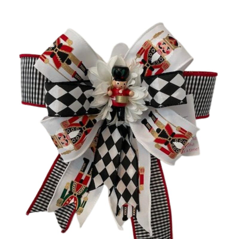 AMELIA – A deluxe 12" x 14" Christmas bow in red, white, and black, both bold and beautifully balanced.