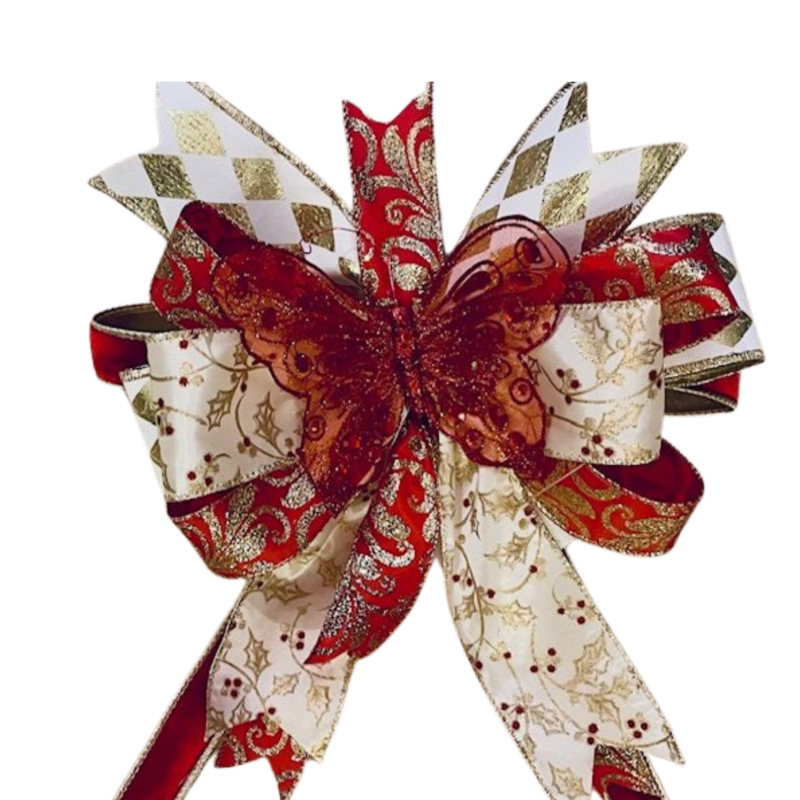 LIZZIE – A premium 12" x 15" Christmas bow in red, white, and gold — warm, timeless, and full of holiday magic.