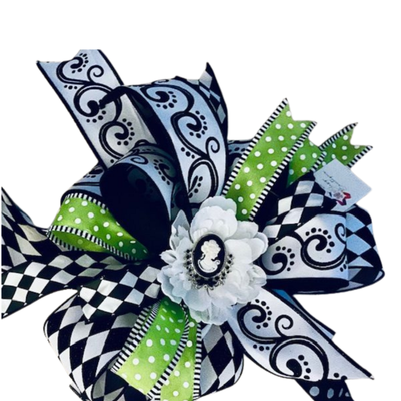 DELILAH – A deluxe 14" x 17" bow in black, white, and lime green — bold, modern, and eye-catching.