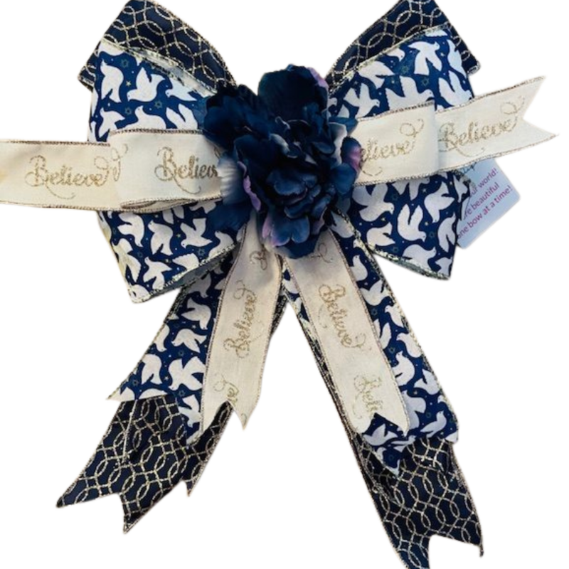 CARA – A premium Hanukkah bow, 10" by 14", in navy blue, white, and gold — refined and celebratory.