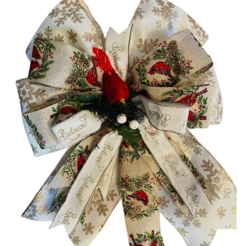 TRINITY – A premium 14" x 16" Christmas bow in white, gold, red, and green for a warm, elegant holiday finish.
