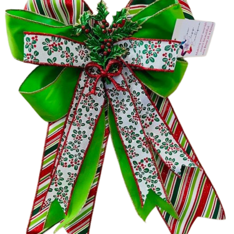 PIPPA – A deluxe 12" x 18" Christmas bow in red, white, and lime green — playful, bright, and full of holiday cheer.