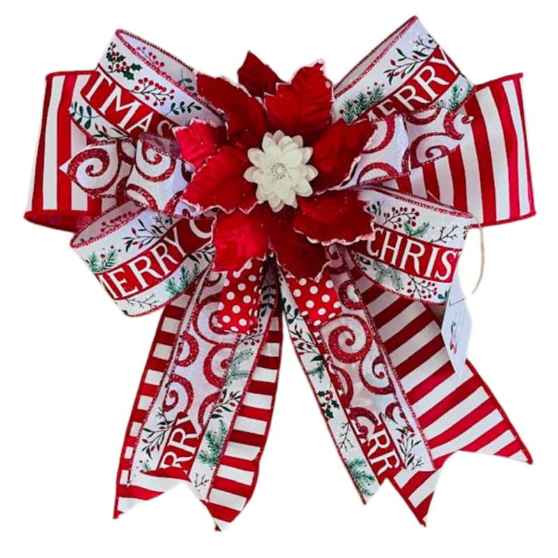 NATALIE – A deluxe Christmas bow, 14" by 15", featuring red, white, and silver for a refined, frosty elegance.