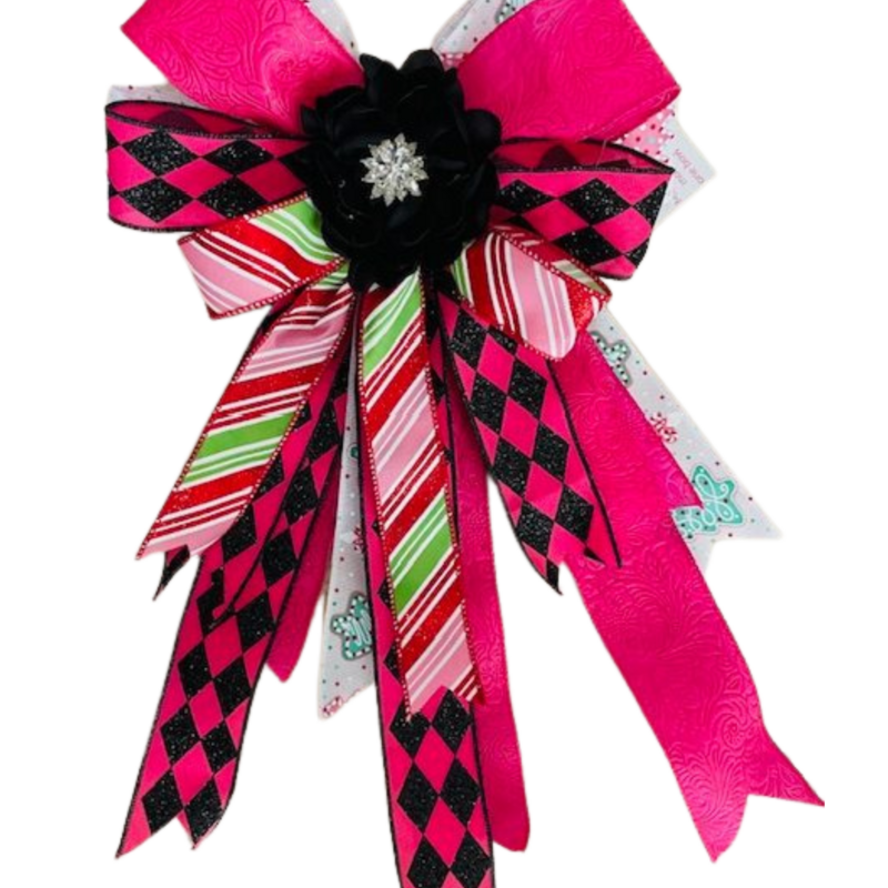 LOLA – A premium 12" x 18" Christmas bow with dark pink, light pink, black, and white ribbons — elegant with a playful twist.