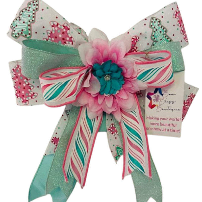 LEXI – A premium Christmas bow, 12" x 15", blending teal, pink, and white for a cheerful holiday sparkle.