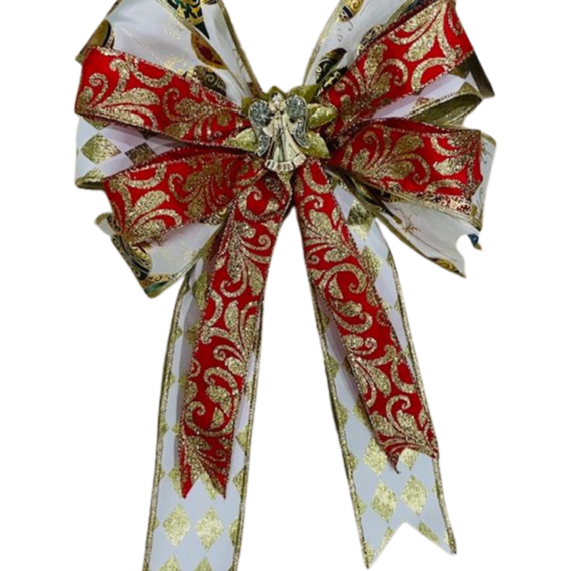 KIMBER – A premium 12" x 16" Christmas bow in red, white, and gold, the perfect blend of tradition and glow.