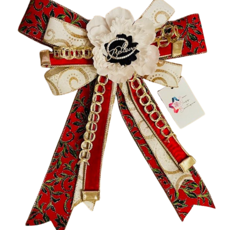 GRACE – A deluxe 12" x 18" Christmas bow in red, green, white, and gold — a vibrant nod to tradition.