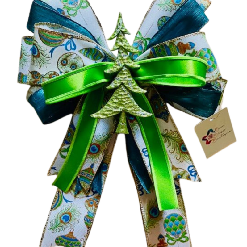 EVIE – A deluxe 12" x 15" Christmas bow bursting with royal blue, teal, lime green, gold, and white for a fun, festive pop.