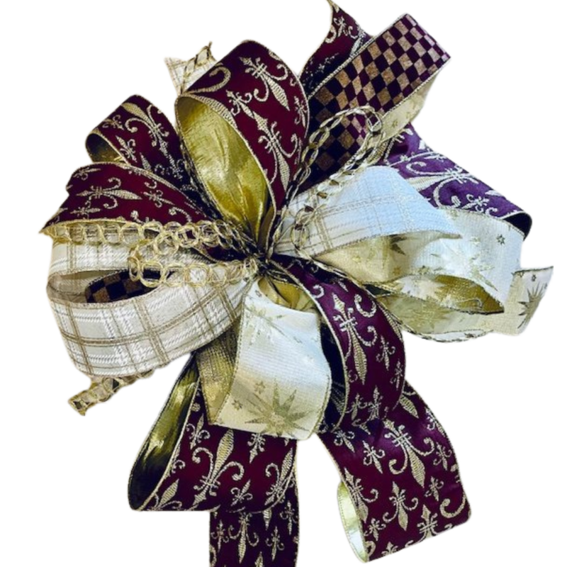 ELLIOTT – A premium 16" x 18" Christmas bow featuring deep burgundy, white, and gold — rich and sophisticated.