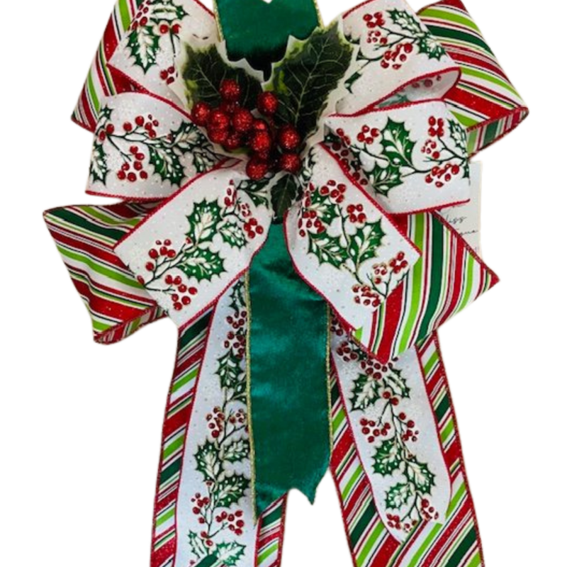 GENEVIEVE – A deluxe Christmas bow, 15" wide and 18" long, featuring lush red, white, and green ribbons for a grand, festive accent.